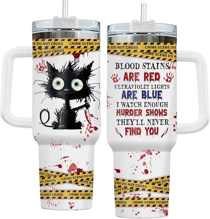 34HD Horror Cat Tumbler with Lid & Straw, 40oz Stainless Steel Vacuum Insulated Coffee Mug with Kitty, Horror Movie Cup, Black Cat Gifts for Women Birthday Halloween Christmas Mothers Day