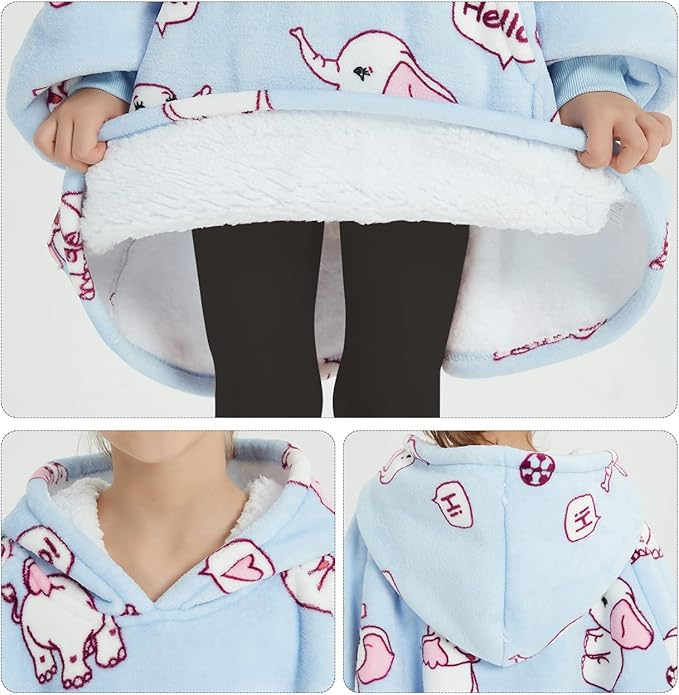 KFUBUO Wearable Blanket Hoodie for Kids Sherpa Patterns Oversized Sweatshirt Blanket With Pocket 6-10 Year Old Girl Boy Birthday Gifts Elephant