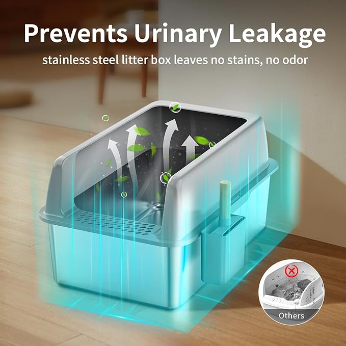 8" Deep Stainless Steel Cat Litter Box with Lid, Extra Large Metal for Large Cat, Kitty Litter Box with High Sides Enclosure for High Peeing Cat, Easy Cleaning, Non-Sticky, Leak-Proof