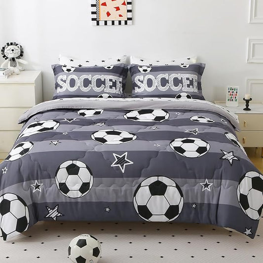 Boys Sports 7 Piece Soccer Comforter Set Full Size 3D Football Playground Bedding Set for Kids Bed Set Gray(Comforter,Flat Sheet,Fitted Sheet and Pillow Sham)