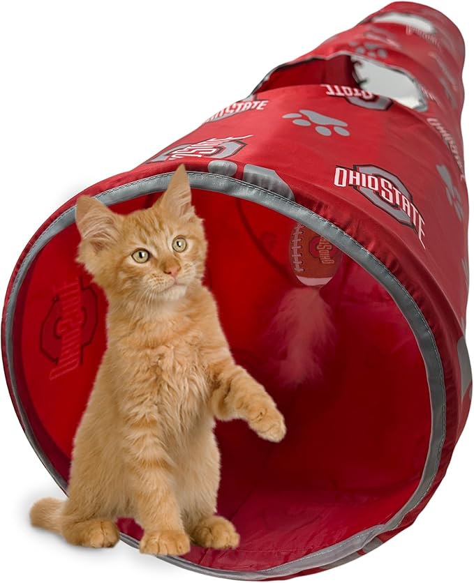 NCAA Ohio State Buckeyes Cat Tunnel Tube Toy with Plush Football Catnip and Feathers