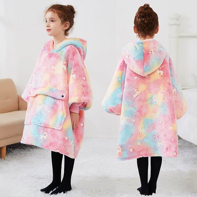 Glow in The Dark Wearable Blanket Hoodie for Kids Sherpa Patterns Oversized Sweatshirt Blanket with Pocket 6-10 Year Old Girl Birthday Gifts Rainbow
