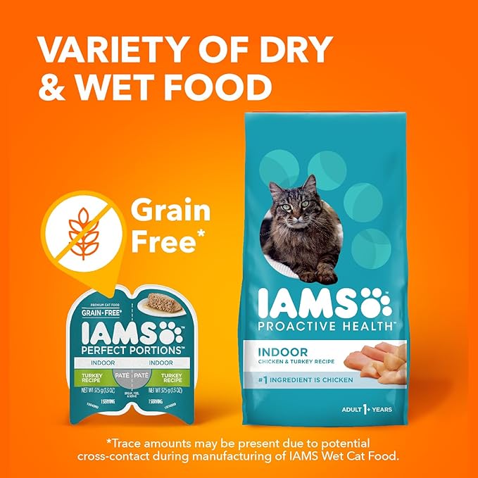 IAMS Perfect Portions Indoor Adult Grain Free Wet Cat Food Paté, Turkey Recipe, 2.6 oz. Easy Peel Twin-Pack Trays (24 Count, 48 Servings)