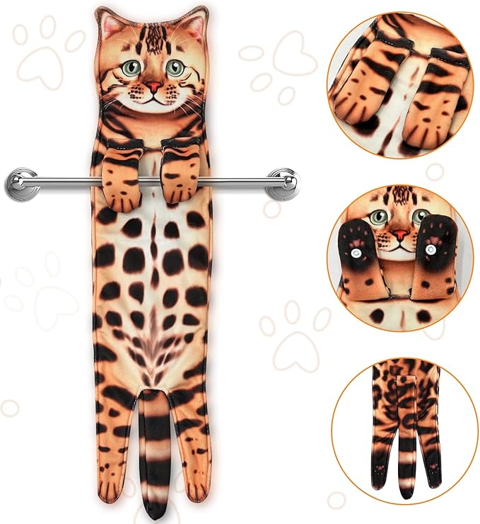PAT JUUMG Funny Cat Hand Towels for Bathroom Kitchen Decor Towel,Cute Decorative Hanging Face Towels,Super Absorbent Soft, Housewarming Gift,Cat Lovers Gifts for Women (Leopard)