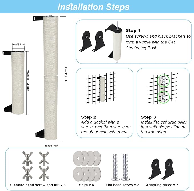 LifeIdeas Cat Scratching Post, 2PCS Cage Wall Mounted Cat Scratching Post 15.7 x 3.1 inches Sisal Rope Cat Scratcher Posts Kitten Wall Shelves Climbing Furniture Cat Furniture Protector