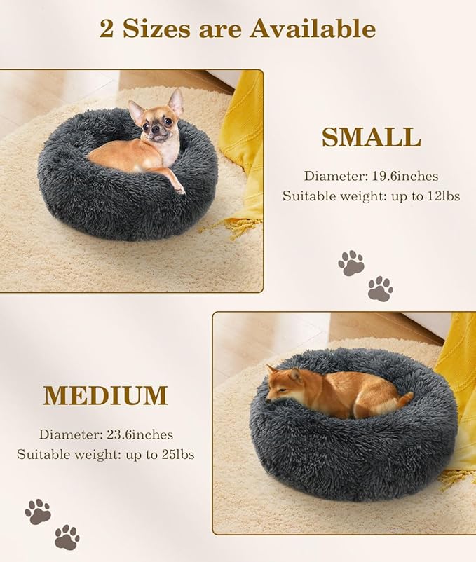 Round Dog Bed for Small Dogs, Donut Cuddler Plush Cat Calming Bed with Machine Washable, Non-Slip Fluffy Dog & Cat Calming Cushion Bed for Joint-Relief and Sleep Improvement, S Size, Dark Grey