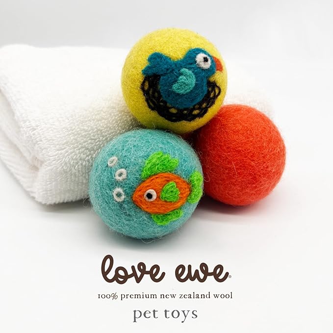 Hustle & Blush Wool Felt Balls 3 Pack Love Ewe Pet Supplies - 2in Felted Wool Cat Toys 100% New Zealand Wool Felt Cat Toys Handmade Wool Felt Balls, Colorful Wool Balls for Cats - Fish and Bird