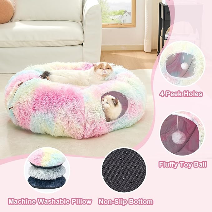 JIUPETY Cat Tunnel Bed with Soft Plush Mat, Collapsible Tube Playground, Cat Toy Tunnel for Indoor Cats, Kitten, Rabbit, Ferret, Fluffy Plush Material, Includes Dangling Balls, Rainbow