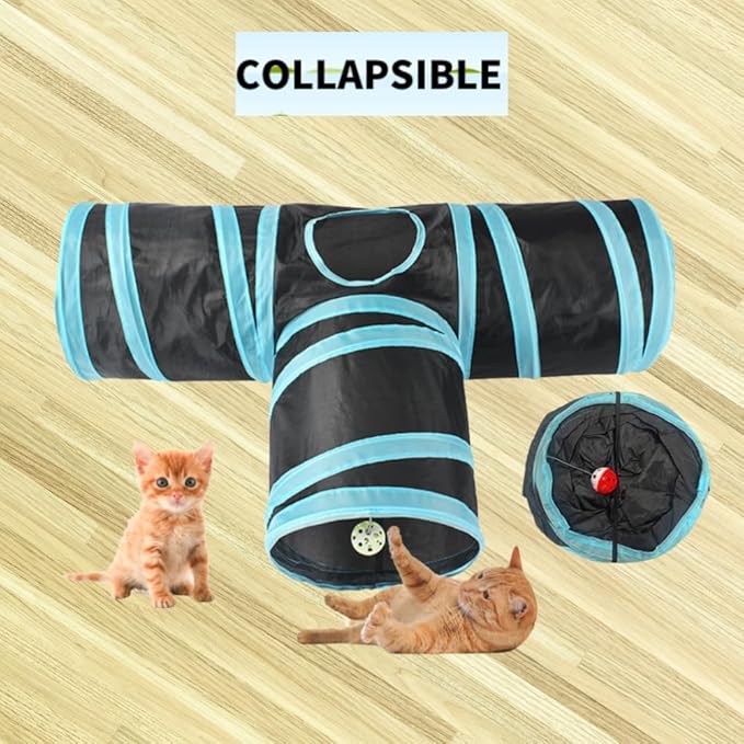 LEESENEVO Cat Tunnel,3 Way Tubes Built-in Crinkle Ringing Paper,Collapsible pet Tunnels for Indoor/Outdoor- Toy for Cats,Rabbits-Jewel Blue