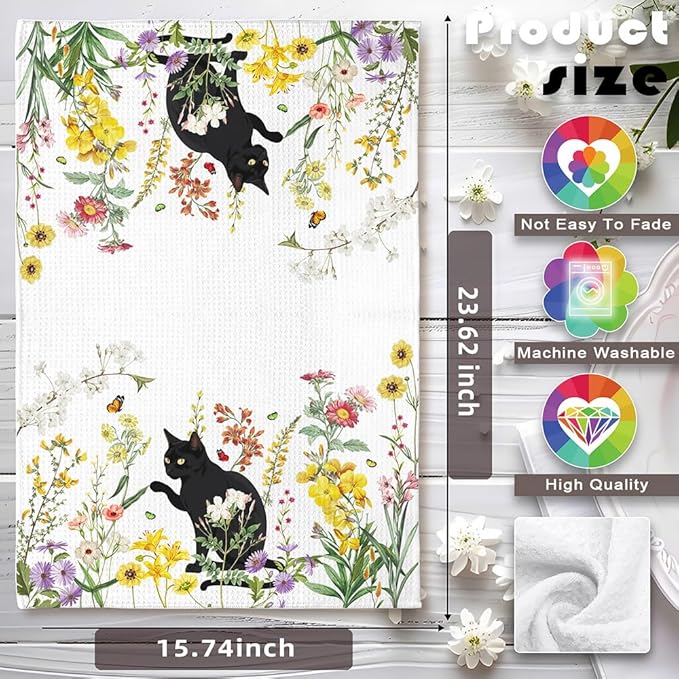 Cat Towel,Floral Kitchen Towels,Cat Kitchen Towels,Cat Dish Towels,Cat Hand Towel,Funny Kitchen Towels,Black Cat Gifts for Women,Cat Kitchen Accessories,Cat Lady Gifts,Gifts for Cat Lovers for Women