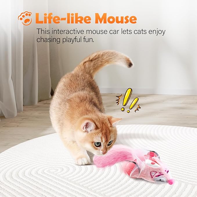 Migipaws Automatic Cat Toys, Plush Cat Mouse Toy, Interactive Toy for Indoor Cats, Smart Moving Kitten Toy, Rechargeable (Pink)