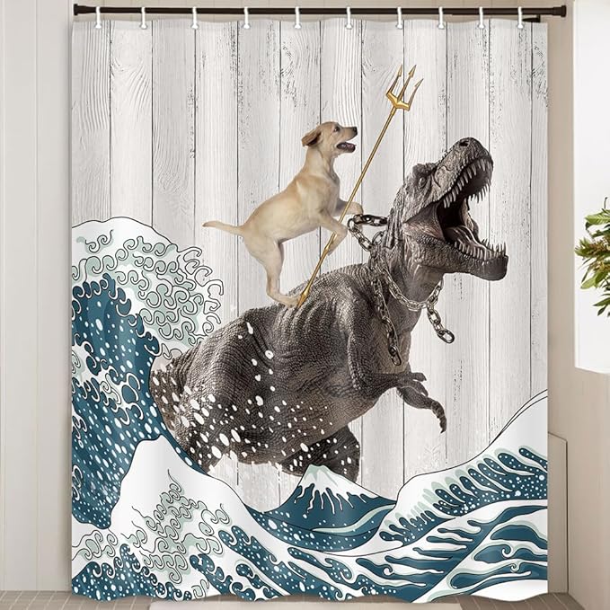 Boziqr Funny Dog Shower Curtain, Japanese Ocean Wave Dinosaur Rustic Barn Door Decor Fabric Bathroom Curtains Set, Cute Animal Kids Polyester Fabric Waterproof, 60 X 70 Inches