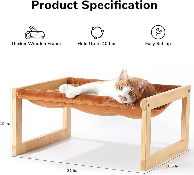 FUKUMARU Cat Bed, Plush Velvet Cat Beds for Indoor Cats, Wooden Cat Hammock, 21 x 16.5 Inch Cat Couch, Suitable for Cats, Dog, Bunny, Rabbit, Kitten and Small Animal, Brown