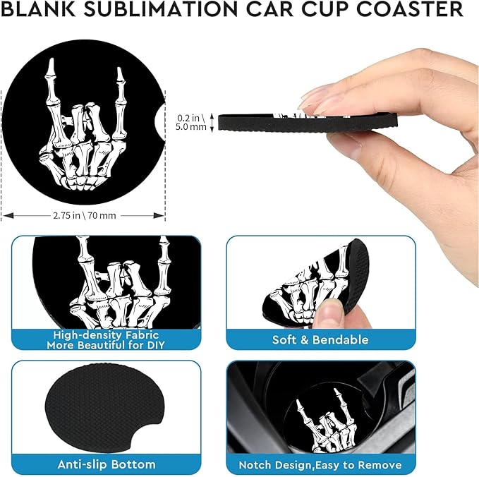 Car Coasters for Cup Holders,2 Pack Skull Skeleton Hand Car Cup Holder Coasters,2.75" Universal Size Anti Slip Rubber Mat,Middle Finger Skeleton Hand Skull Gifts for Women,Men,Mom