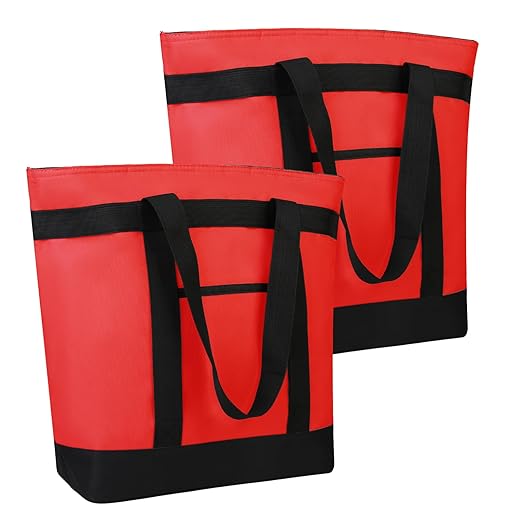 2Pk Insulated Reusable Tote Bag for Grocery Shopping for Women, Pizza/Food Delivery Bag to Keep Food Cold/Hot for Uber Eats/Doordash/Grubub, Cooler bags for Travel/Beach/Picnic, Red