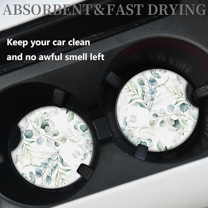 Car Coasters,2Pcs Eucalyptus Cup Slot Mat Silicone Non-Slip Pad Cup Heat Insulation Coasters for Car Interior Accessories，Car Cup Holders Absorbent Cup Holders Car Accessories for Women & Men