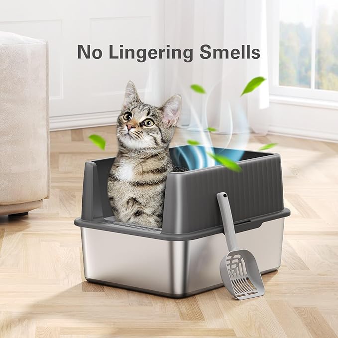 Barhon Stainless Steel Litter Box Small, Kitten Litter Box with High Sides 17" L x 13.3" W x 11.8" H, Metal Kitty Litter Box Easy to Clean, Non Sticky Bottom, Odor-Free, Light Grey