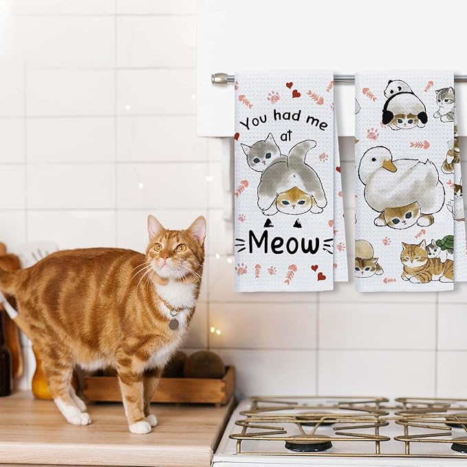 Cute Cat Kitchen Towels Set of 2 Cats Decoration for Cat Lovers Cat Kitchen Accessories Cat Mom Gifts for Women Cute Dish Towels Decorative Set for Kitchen & Bathroom 16×24 Inch - 02
