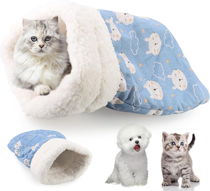 Cat Sleeping Bag for Indoor Cats, Cat Sleeping Bag for Indoor Cats Large Adult, Cat Sleeping Bag Large, Cozy Cat Winter Cat Sleeping Bag, 360° Warm Semi Enclosed Soft Plush Large Cat Sack Cute (Blue)