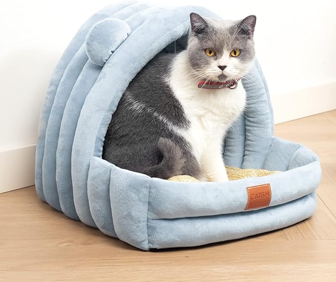 Cat Bed for Indoor Cats, Cat Cave with Reversible Cushion Pillow for All Season, Cat Beds for Indoor Cats, Kitty and Small Dogs, Soft Premium Cotton Cat Bed with Anti-Slip Bottom