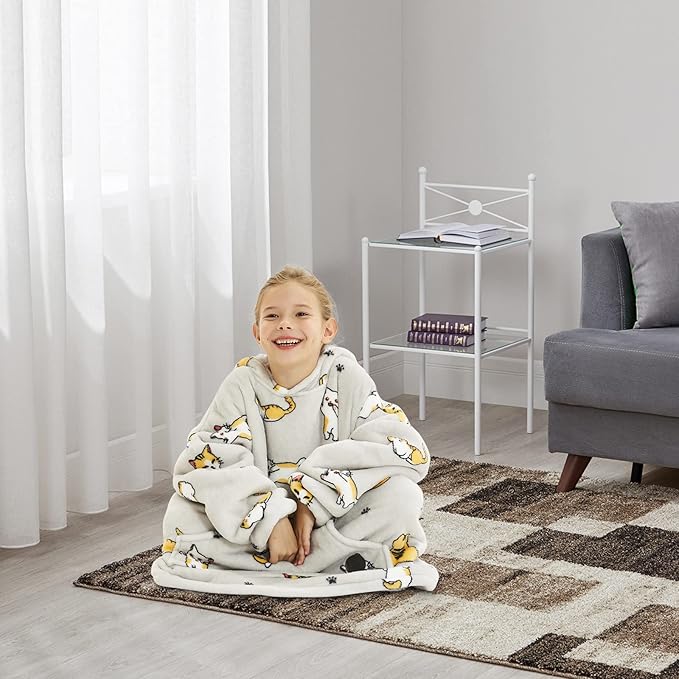 THREE POODLE Wearable Blanket Hoodie for Kids, Oversized Sherpa Sweatshirt Blanket with Giant Hood, Warm Cozy Cat Hooded Blanket, Cute Gifts for Kids Girls Boys