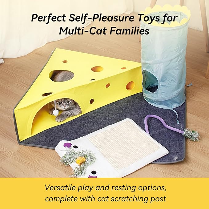 Cat Tunnel Bed for Indoor Cats Peekaboo, Warm 2-in-1 Cheese Shape Design with Ball Toy Large Cat Felt Mat, Scratch Resistant Cat Activity Play Mats for Multiple Cats, Dogs Up to 10lb [Yellow]