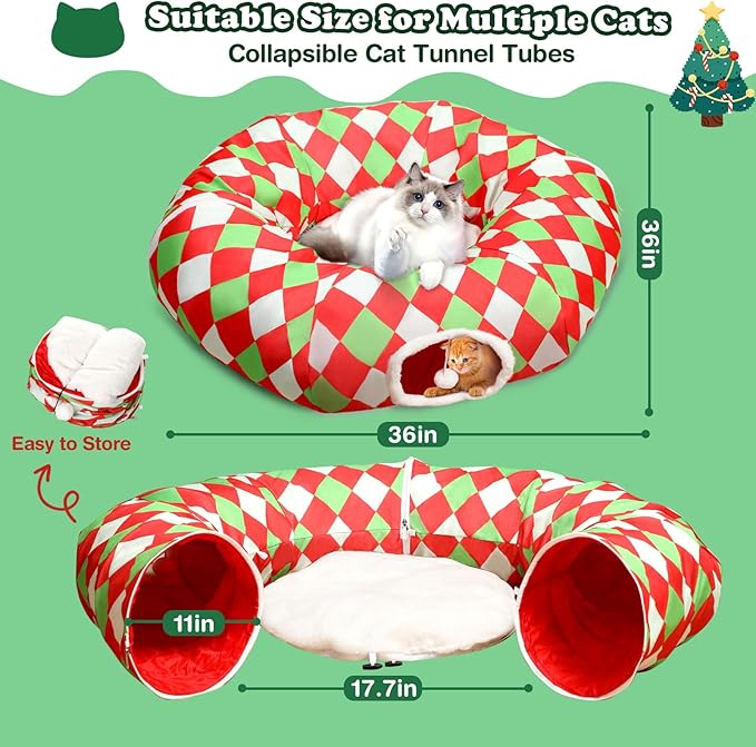 Large Cat Tunnel Bed Cat Peekaboo Cat Cave Donut with Washable Cushion Cat Tunnels for Indoor Cats Festive Decor Perfect for Small Medium Large Cats, Kittens, Rabbit, Ferret