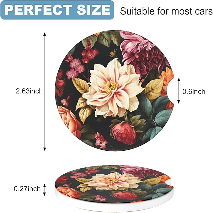 2 Pack Car Cup Holder Coasters, 2.63 inch Anti Slip Insert Absorbent Ceramic Coasters with Cork Base and Finger Notch, Cute Car Accessories Interior for Women