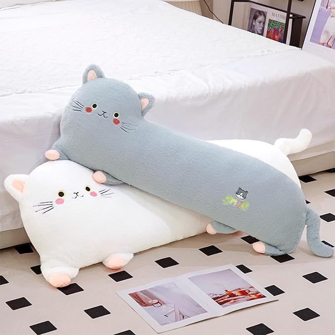PEACH CAT 31.5" Long Cat Plush Pillow Cute Kitten Stuffed Animals Soft Plushies Toy Gifts for Kids White