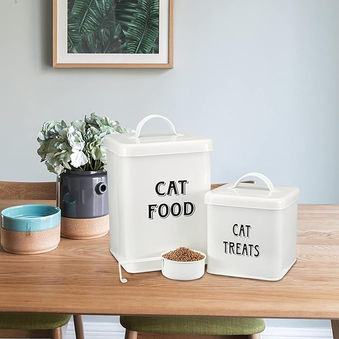 Pethiy Cat Food and Treats Containers Set with Scoop for Cats-Vintage Cream Powder-Coated Carbon Steel-Tight Fitting Lids-Storage Canister Tins-catfood-white