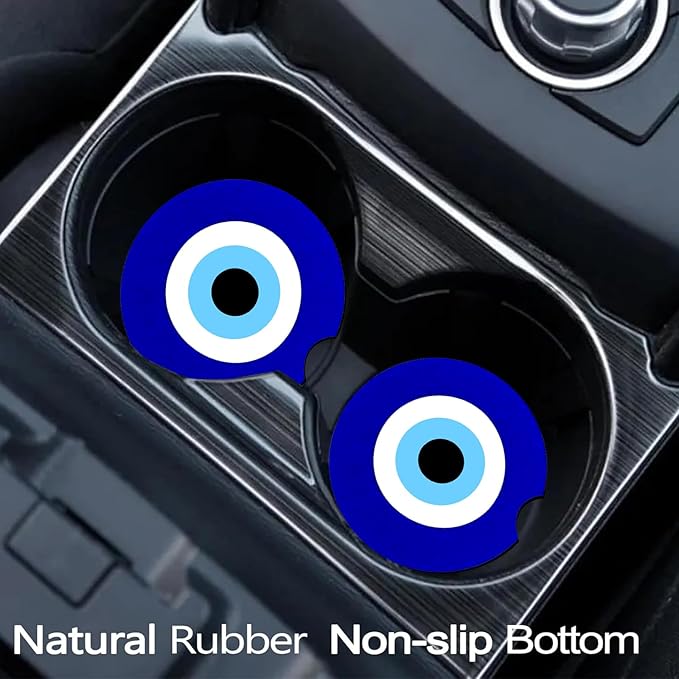 Car Coasters for Cup Holders,2 Pack Blue Evil Eye Car Cup Holder Coasters,2.75" Universal Size Anti Slip Rubber Mat,Automotive Cup Holder Decal Decor Accessories,Evil Eye Gifts for Men,Women Mom