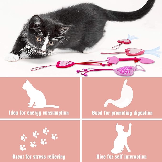 Valentine's Day Cat Toys, 5 Pack Catnip Toys with Feather and Bells, Hanging Cats Teaser Toys, Valentines Day Gifts for Indoor Cats & Kitten & Kitty