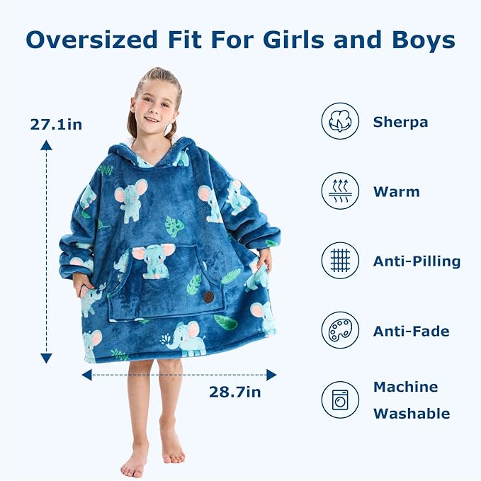 THREE POODLE Wearable Blanket Hoodie for Kids, Oversized Sherpa Sweatshirt Blanket with Giant Hood, Warm Cozy Hooded Blanket, for Kids Girls Boys