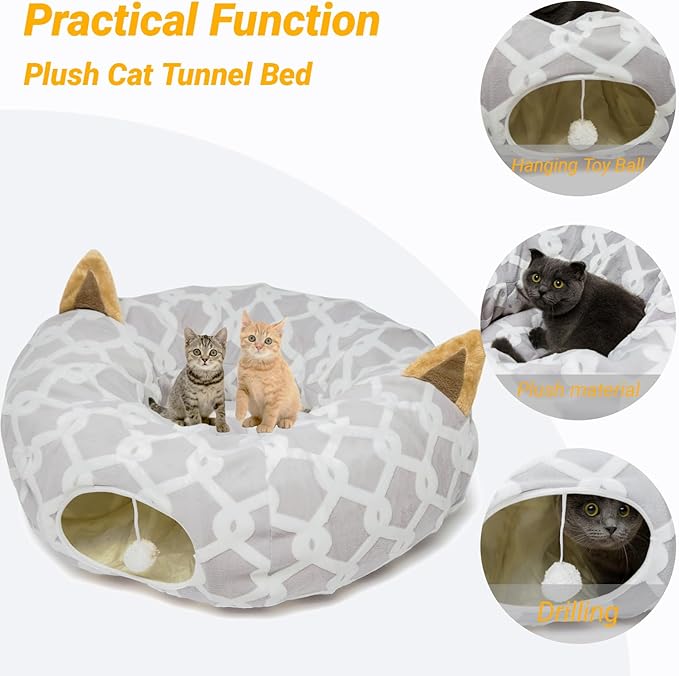 LUCKITTY Large Cat Tunnel Bed with Plush Cover,Fluffy Toy Balls, Small Cushion and Flexible Design- 10 inch Diameter, 3 ft Length- Great for Cats, and Small Dogs, Gray Geometric Figure