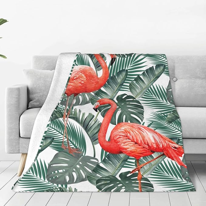 Fuzzy Throw Blanket 350 GSM Fleece Ultra-Soft Microfiber Blanket for Adults Kids Gift Couch, Sofa, Bed Pink Flamingo Palm 80"x60"