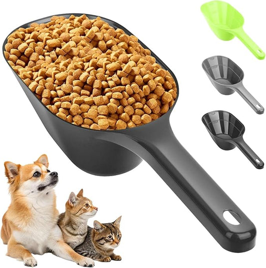 3PCS Dog Food Scoop, 1 Cup Plastic Pet Food Scoop with Measuring Lines 1/2 Cup and 1 Cup for Dogs, Cats, Birds and Rabbits (Green,Grey and Black)
