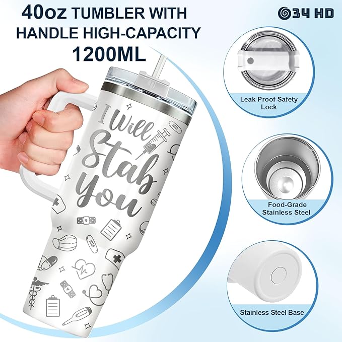 34HD Nurses Day Gifts, Engraved Nurse Tumbler with Handle and Straw 40oz, I Will Stab You Nurse Travel Cup, Funny Gifts for Healthcare Staff Coworkers Student