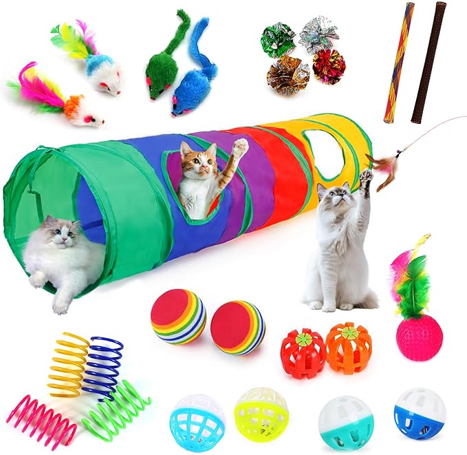 iCAGY Kitten Toys, Cat Toys, 25 Assorted Cat Stuff Toys Pack Including Crinkle Tunnel Ball Wand Teaser Feather Mouse Mice Spring Assortment kit for Cats Kittens Rabbits Puppies Rainbow