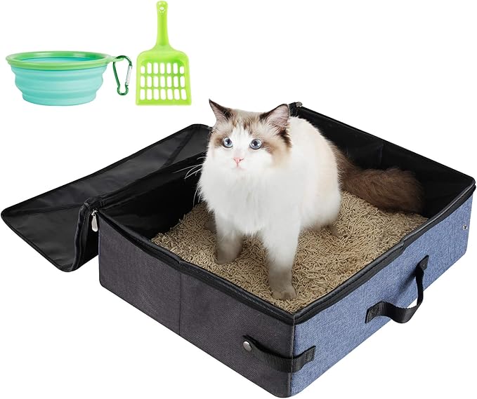 HiCaptain Portable Litter Box for Cats for Travel, Flodable Cat Travel Litter Box with Lid and Handle Standard Collapsible Litter Carrier for Cat (L,Black/Blue)