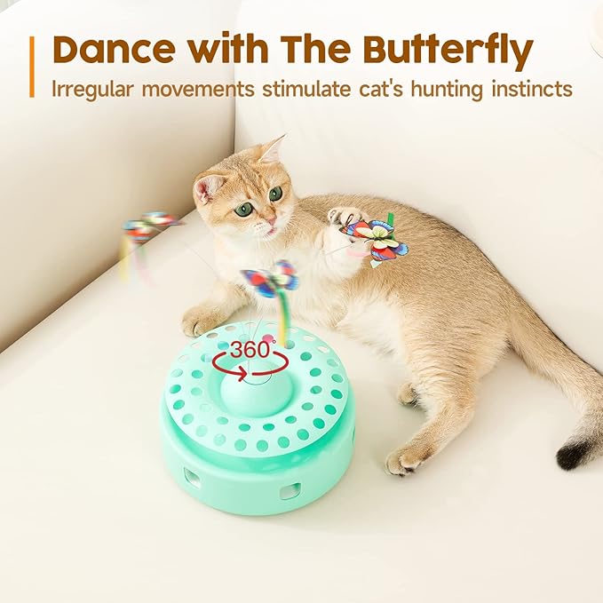 Potaroma Cat Toys 3-in-1 Automatic Interactive Kitten Toy, Fluttering Butterfly, Random Moving Ambush Feather, Track Balls, Dual Power Supplies, USB Powered, Indoor Exercise Cat Kicker (Green)