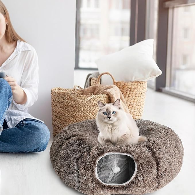 KOMUSMO Cat Tunnel Bed with Central Mat and Hanging Ball Toy, Multifunctional Large Cat Bed Cave Donut for Indoor Cats, Soft Plush Fluffy Collapsible Peekaboo Cave for Small Medium Large Cats Kittens