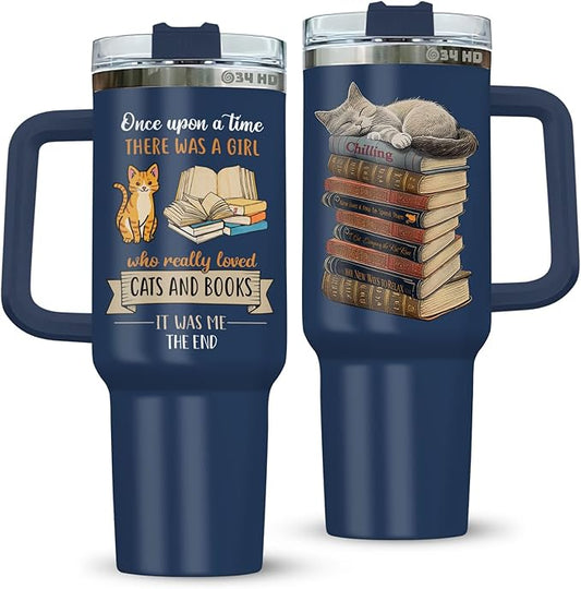 34HD Cat Coffee Tumbler with Handle & Straw, 40 oz Stainless Steel Vacuum Insulated Cat Book Travel Mug, Birthday Christmas Mothers Day Gifts for Pet Lovers Women Mom Librarian Her