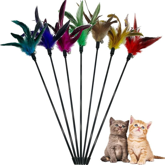 Cat Wand Toy Feather Stick Cat Toys, 7 PCS Cat Feathers Toy Wand, Interactive Cat Toy Feather Wand for Indoor Cats