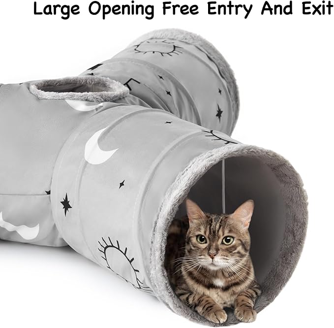Tempcore Pet Cat Tunnel Tube Cat Toys 3 Way Collapsible, Cat Tunnels for Indoor Cats Fleece-Lined in for Warmth，Kitty Tunnel Bored Cat Pet Toys Peek Hole Toy Ball Cat, Puppy, Kitten, Rabbit Gray Sun