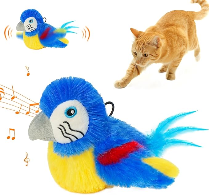Cat Toys for Indoor Cats, Flapping Bird Cat Toy, Electric Simulated Chirping Bird Interactive Cat Toy with Flappy Wings, Rechargeable Touch Activated Cat Toys with Catnip and Feather - Bule