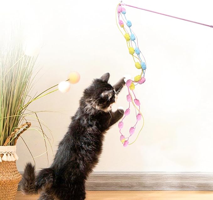 IUHKBH Cat Toys, 4 Pcs Plush Srtip Cat Wands Interactive Cat Teasing Stick Vibrant Cat Teaser Wands with Bell for Cat Kitten Having Fun Exerciser Playing