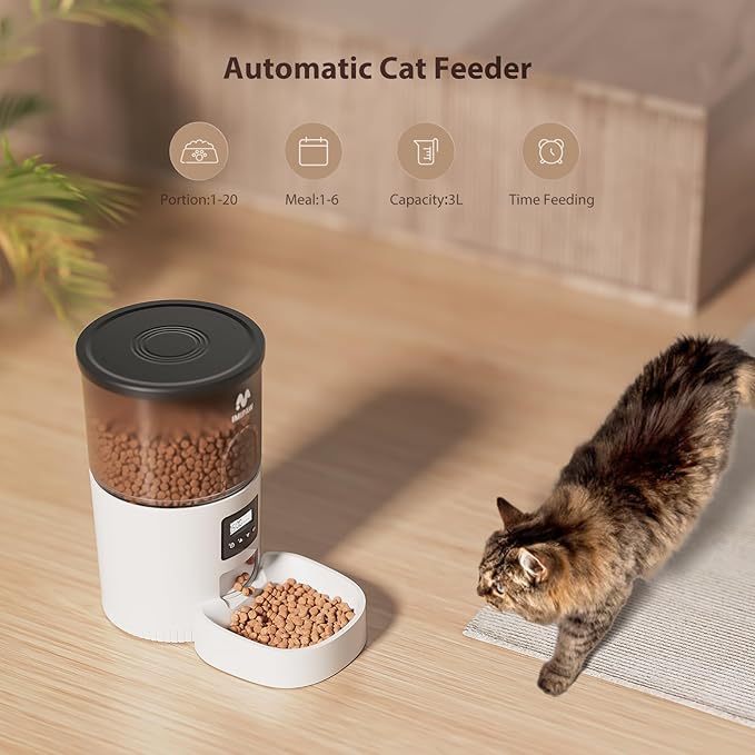 Automatic Cat Feeders, 3L Timed Cat Dry Food Dispenser, Dual Power Supply, Programmable Portion Size, 1-6 Meals Per Day, Auto Pet Feeder for Cats and Small Dogs