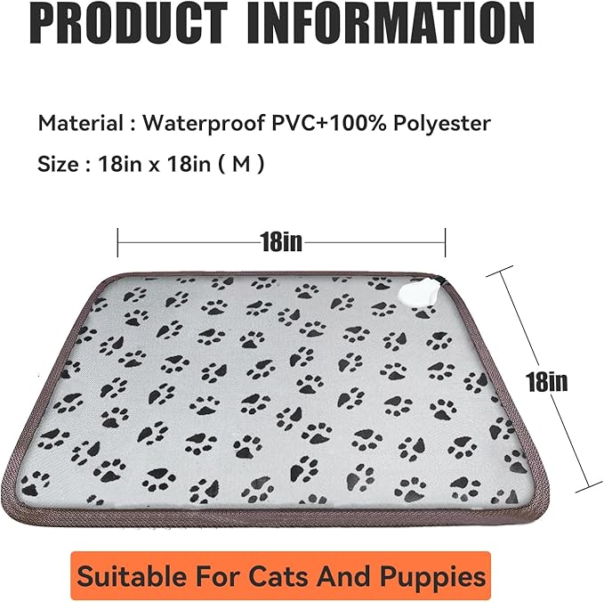 Cat Heating Pad 18" x 18" Waterproof Pet Heated Cat Bed with Intelligent Constant Temperature Switch,Add Chewy Resistant Steel Wire Rope,Pet Heating Pad for Cats