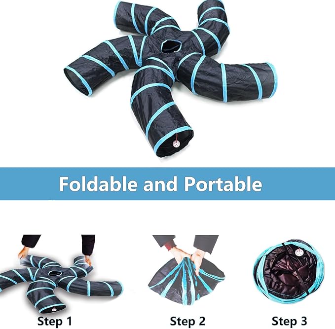 Cat Tunnel Tube Toys，Tunnels for Indoor Cats, 5 Way Blue Collapsible Interactive Toy with Balls for Rabbits, Kittens, Ferrets, Puppy