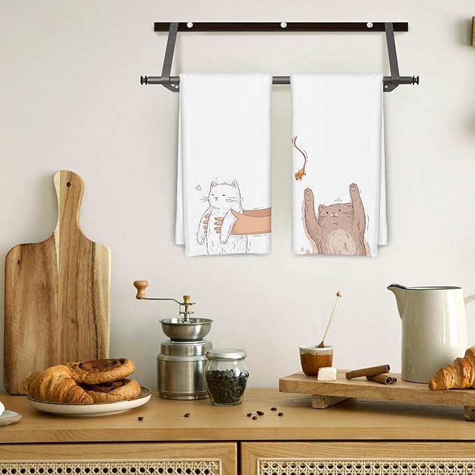 Cartoon White and Grey Cat Kitchen Towels Set of 2, Funny Cat Lover Mom Lady Gifts Dish Towels for Kitchen Decor, Cute Kitten Hand Towels for Bathroom Decor, 16x24 Inch